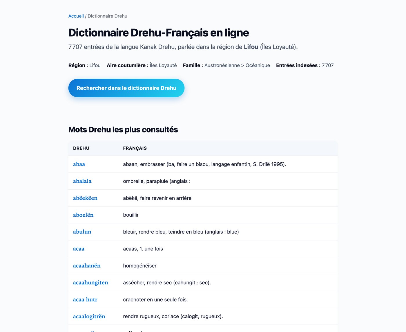 Drehu dictionary page: 7,707 entries with their French definitions