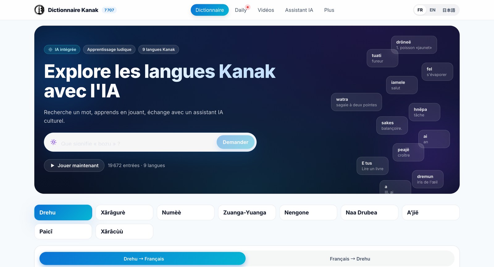 The Kanak languages dictionary online: home page with search, AI assistant and the 9 languages