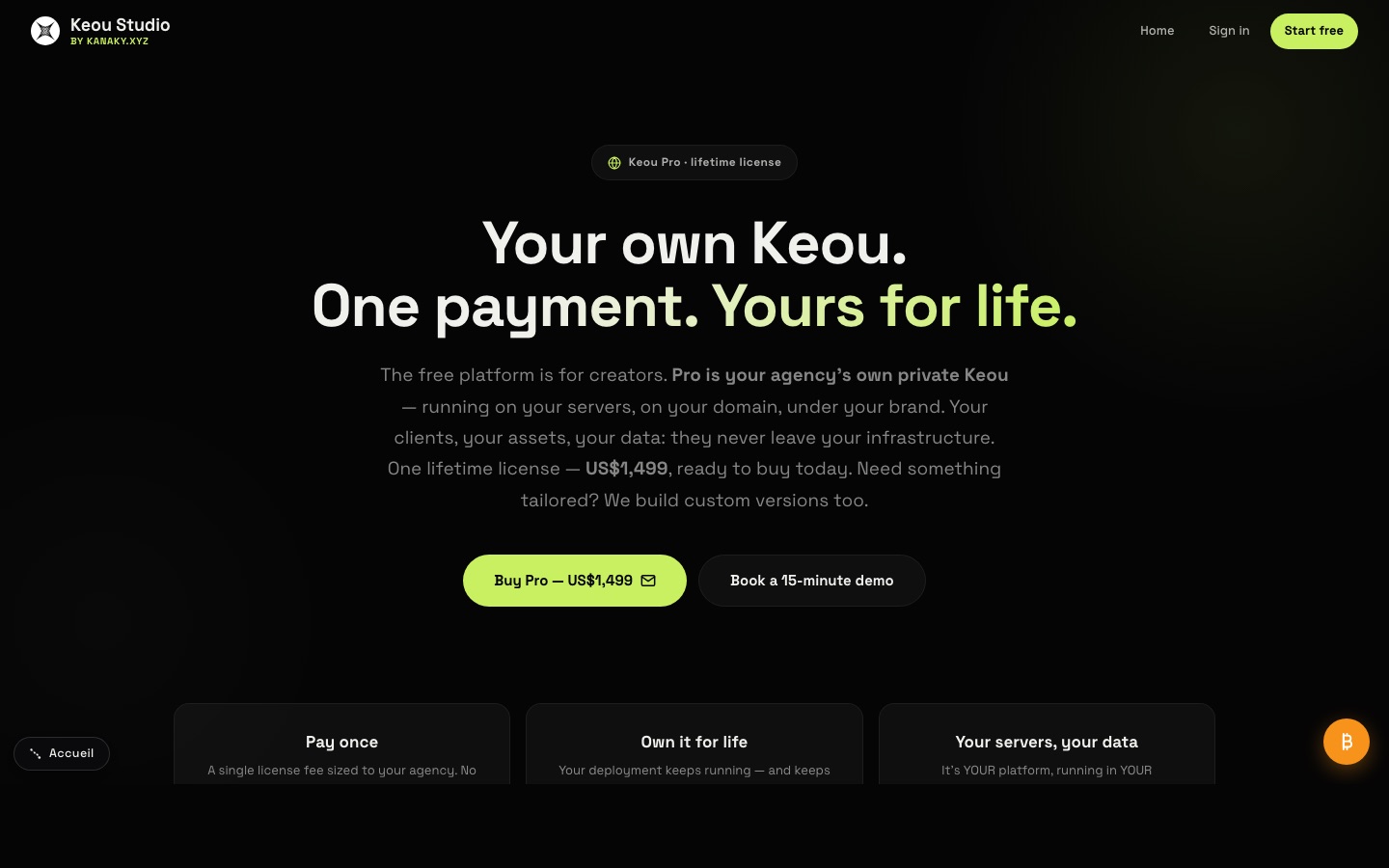 Keou Studio Pro: your own Keou, one payment, lifetime licence at US$1,499
