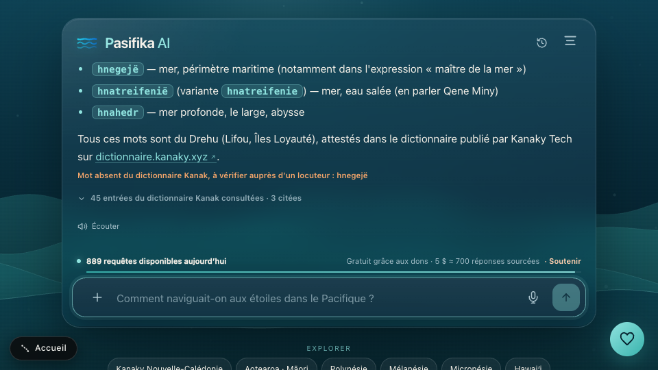 Réponse réelle de Pasifika AI à la question comment dit-on mer en Drehu, avec vérification dans le dictionnaire Kanak