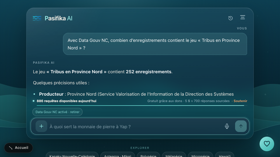 Réponse réelle de Pasifika AI utilisant le jeu Data Gouv NC Tribus en Province Nord