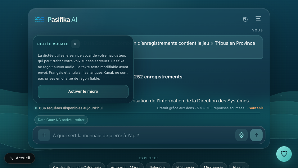 Zone de saisie réelle de Pasifika AI avec bouton outils, microphone, Data Gouv NC et capacité quotidienne
