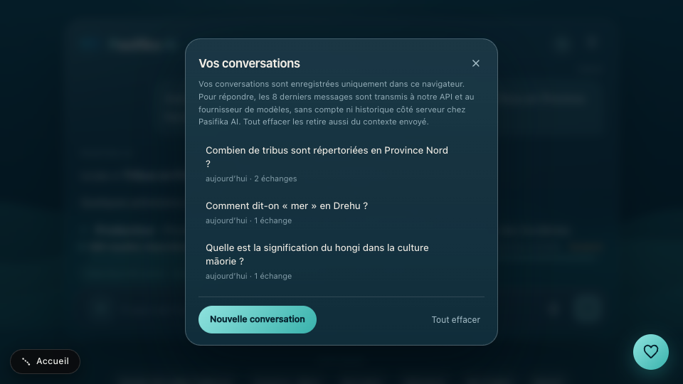 Fenêtre réelle de l’historique local de Pasifika AI expliquant le stockage dans le navigateur