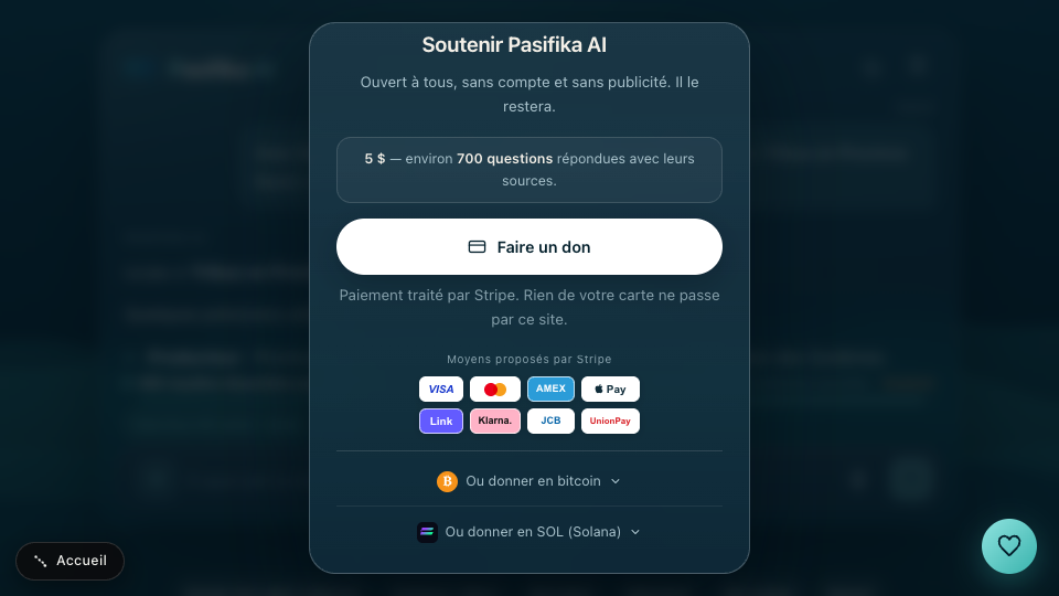 Fenêtre réelle de soutien à Pasifika AI avec don par carte, Bitcoin et Solana