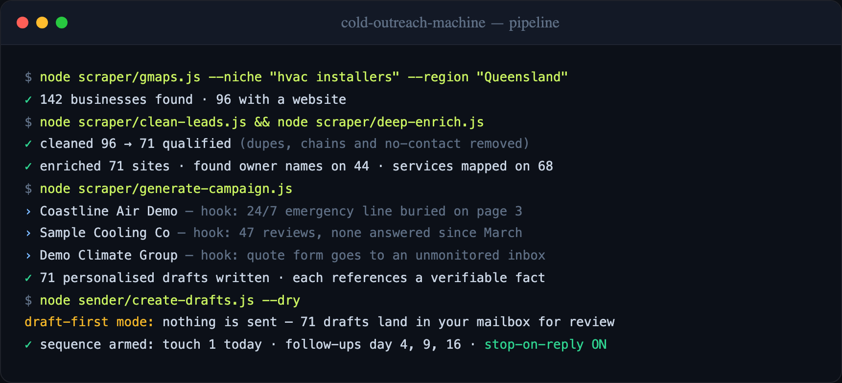Cold outreach pipeline running in a terminal
