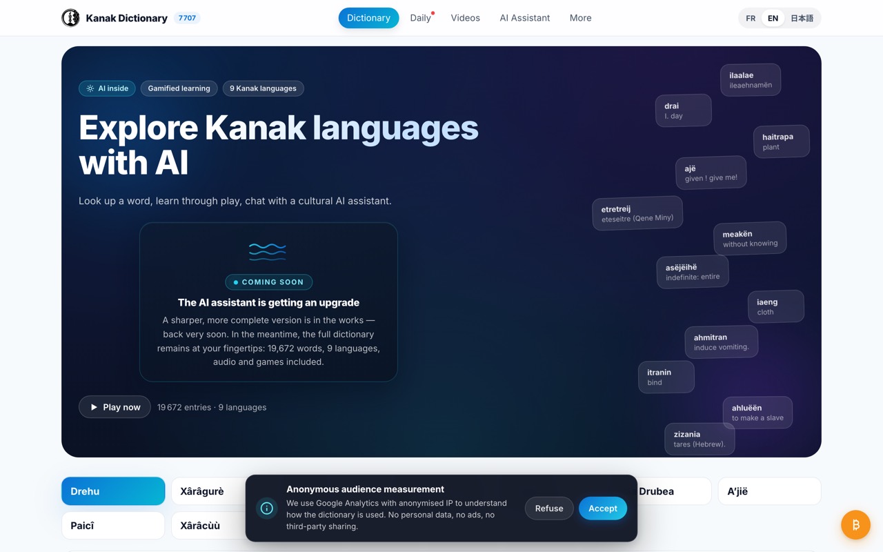 Kanak Languages Dictionary interface