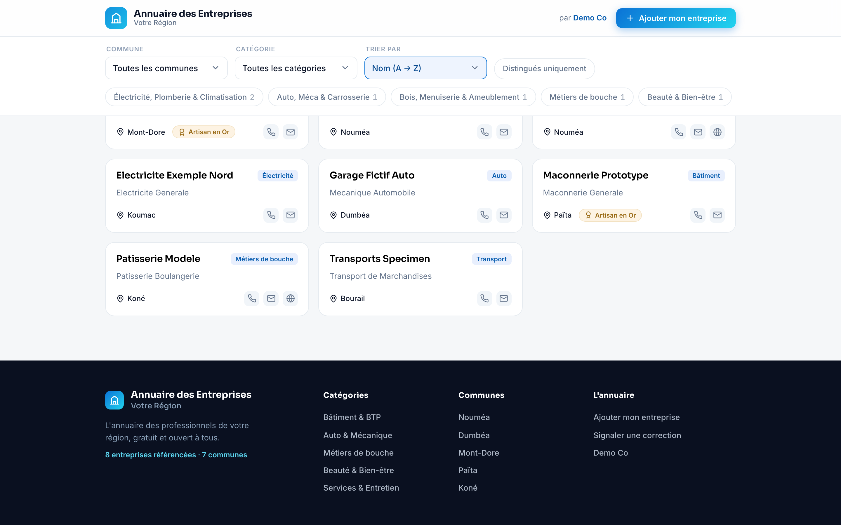 Directory list view with business cards and filters