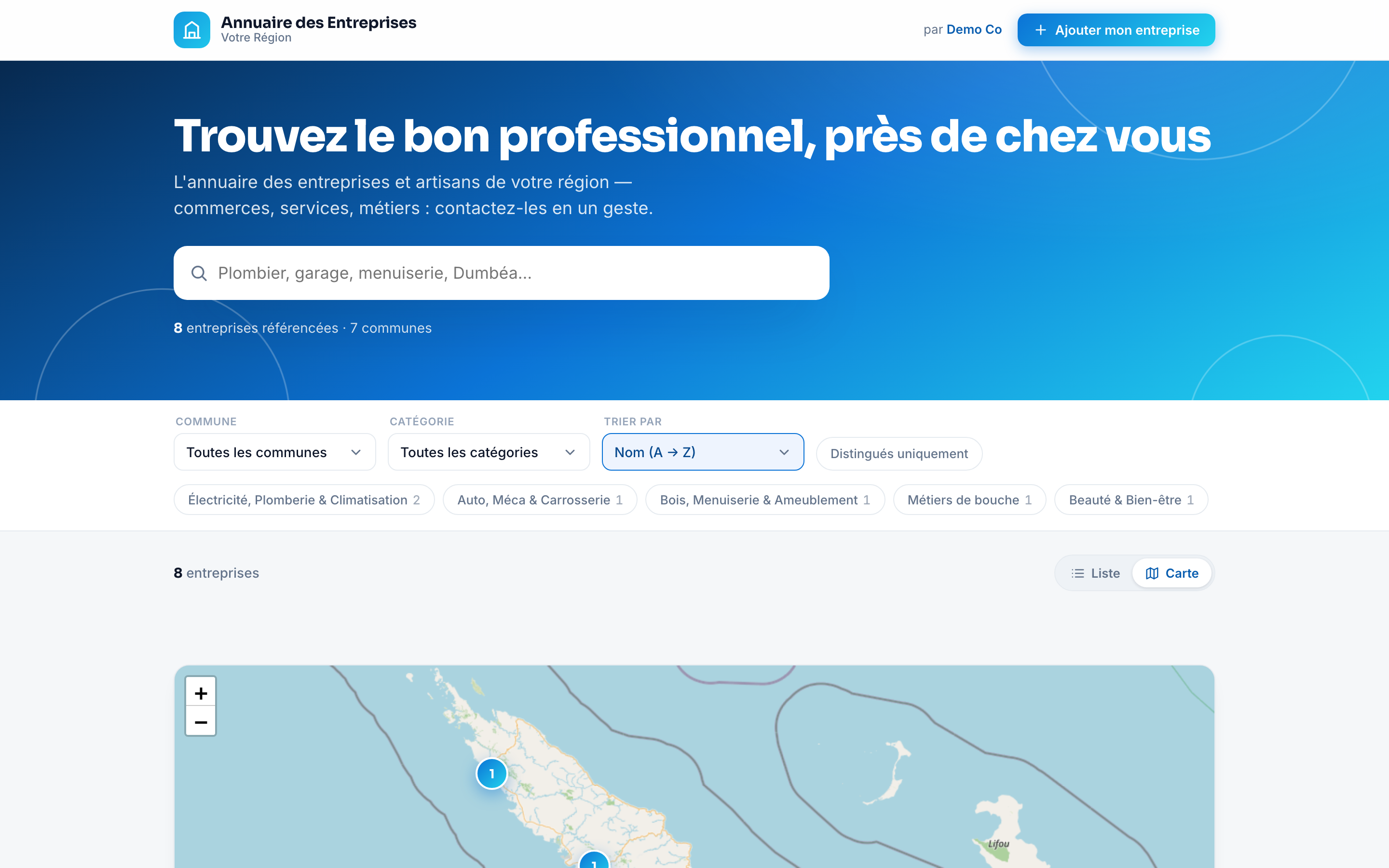Directory platform with search and interactive map