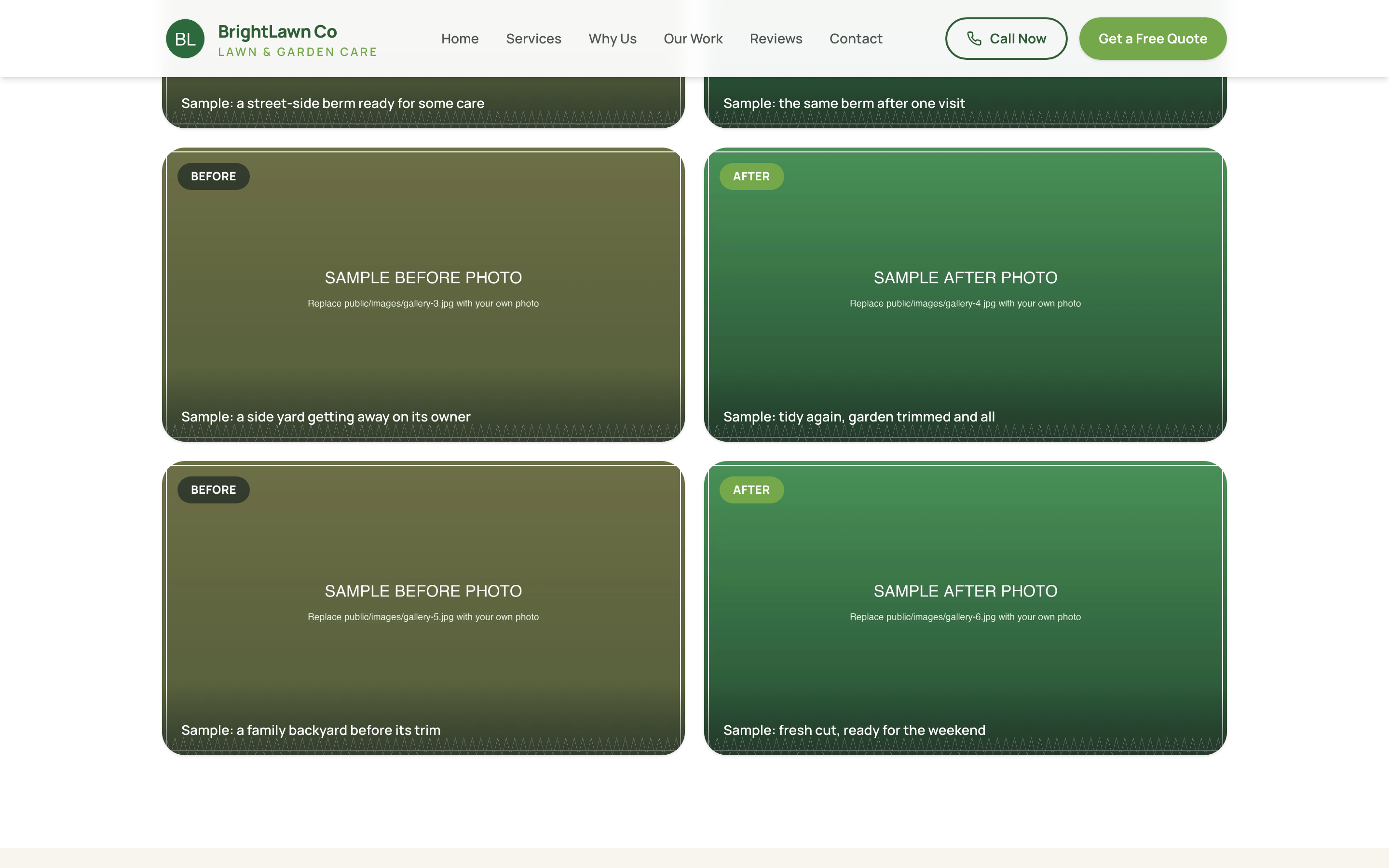 Services, gallery and reviews sections of the one-page site