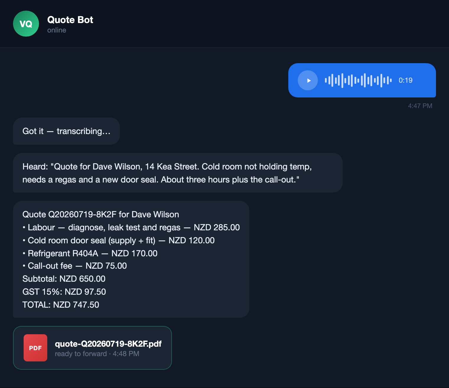 Voice note turned into a priced quote
