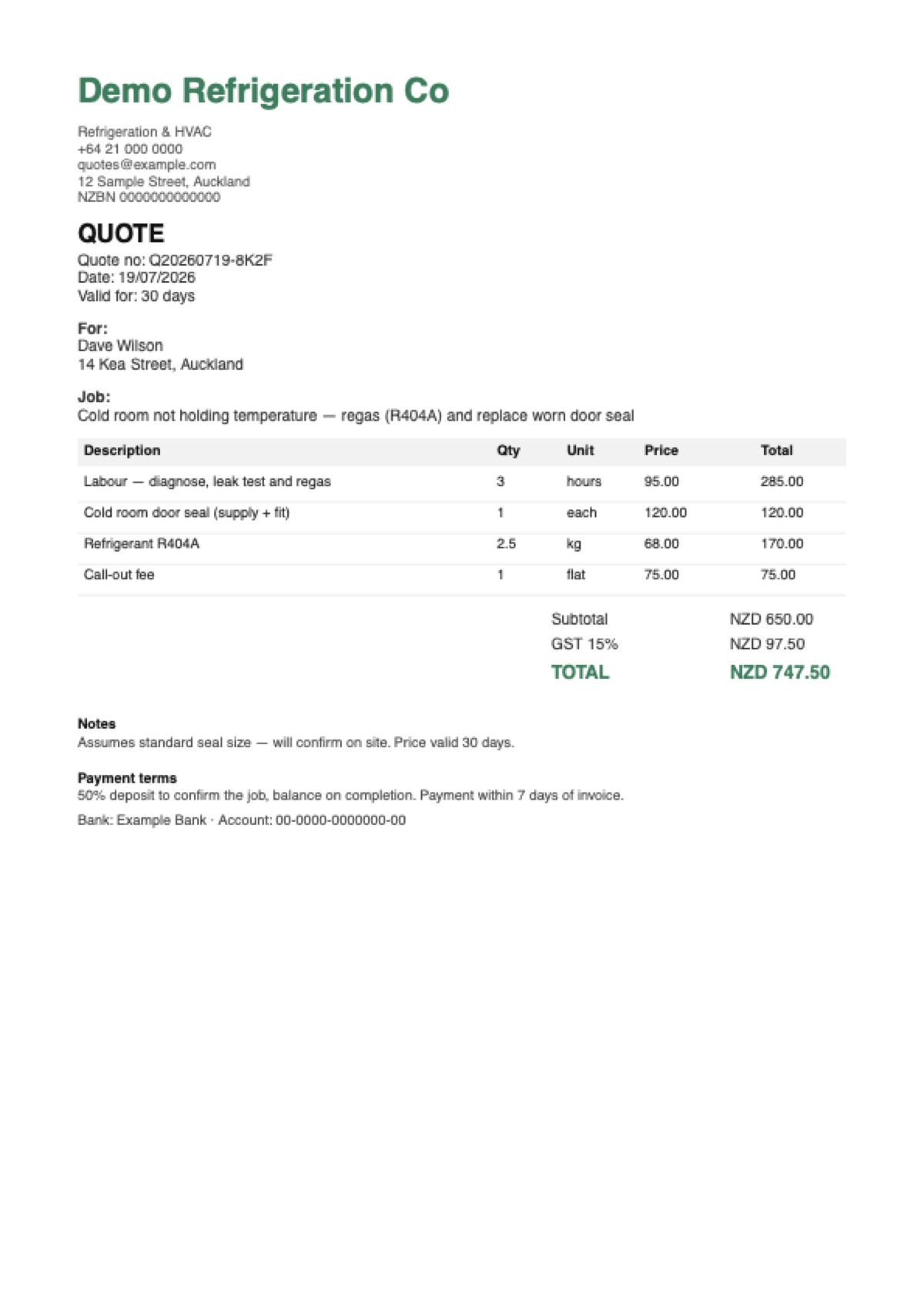 Generated quote PDF with itemised lines and totals